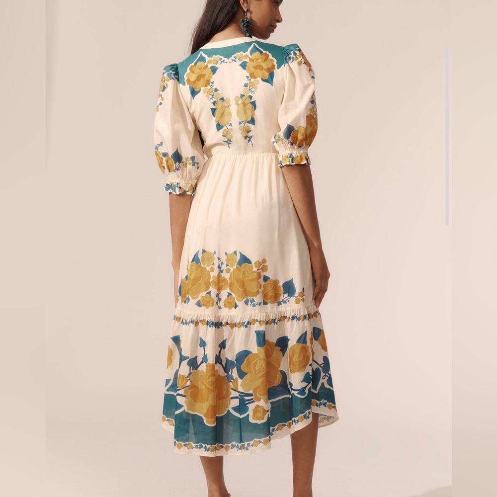 Farm Rio-Puff-Sleeve Printed Midi Dress-Floral-Boho-Festival-S - Picture 2 of 12